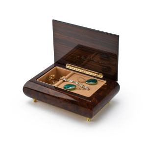 Contemporary Wood Tone Music Box with an Arabesque Wood Inlay Design