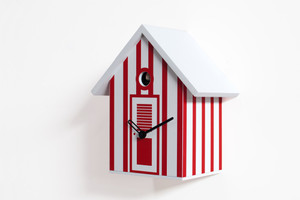 Vibrant White and Red Striped Modern Cuckoo Clock - Bagni Nettuno Single by Progetti