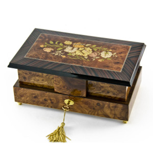 Grand 18 Note Double Level Musical Jewelry Box with Exquisite Floral Inlay