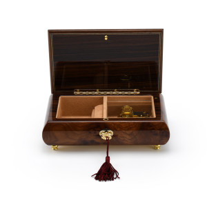 Gorgeous 23 Note Dark Natural Wood Tone Floral Inlay Musical Jewelry Box with Lock and Key