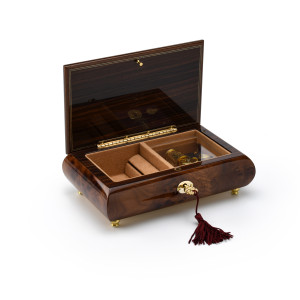 Gorgeous 23 Note Dark Natural Wood Tone Floral Inlay Musical Jewelry Box with Lock and Key