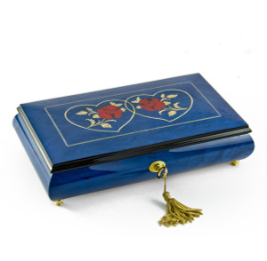 Vibrant 22 Note Royal Blue Double Red Rose and Heart Musical Jewelry Box