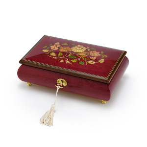 Beautiful 30 Note Red-Wine Floral Inlay Musical Jewelry Box with Lock and Key