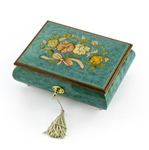 Beautiful 18 Note Turquoise Floral Inlay Musical Jewelry Box with Lock and Key