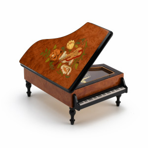 Gorgeous 23 Note Burl-Elm Music and Floral Theme Grand Piano Music Box