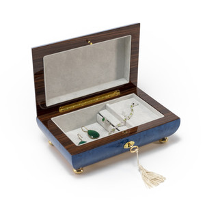 Handcrafted Dark Blue Stain Floral Inlay Italian 30 Note Music Box