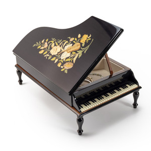 Handcrafted Black Lacquer Music and Floral Inlay 30 Note Piano Music Jewelry Box
