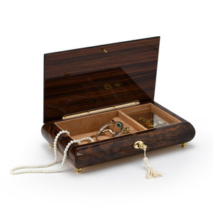Romantic 30 Note Walnut Tone Double Red Rose and Heart Musical Jewelry Box