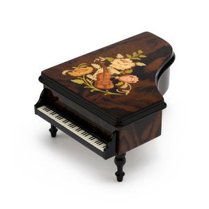 Gorgeous 36 Note Burl-Elm Music and Floral Theme Grand Piano Sorrento Music Box