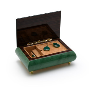 Brilliant Green Stain 22 Note Musical Jewelry Box with Frog on Lily Pad with Fireflies Wood Inlay