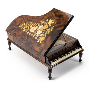 Grandiose Italian Sorrento Wood Tone Music and Floral Inlay 18 Note Piano Music Jewelry Box