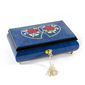 Radiant 30 Note Dark Blue Double Heart with Red Roses Inlay Music Jewelry Box