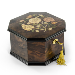 Spacious 30 Note Handcrafted Roses Inlay Octagonal Musical Jewelry Box