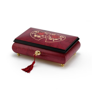 Radiant 18 Note Double Hearts with Red Rose Raspberry Musical Jewelry Box