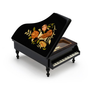 Gorgeous Black Lacquer Grand Piano with Violin and Floral Inlay Musical Jewelry Box