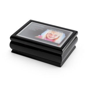 4" x 6" Black Lacquer Photo Frame Music Box with New "Pop-Out" lens System