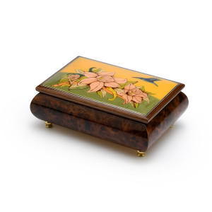 Handcrafted 18 Note Tropical Theme Inlay Music Box with Hummingbird and Floral Design