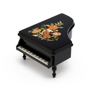 Gorgeous 22 Note Black Lacquer Grand Piano with Violin and Floral Inlay Musical Jewelry Box