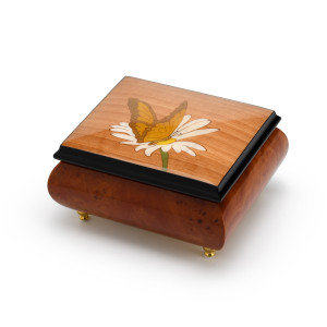 gorgeous natural wood tone butterfly and daisy inlay music box