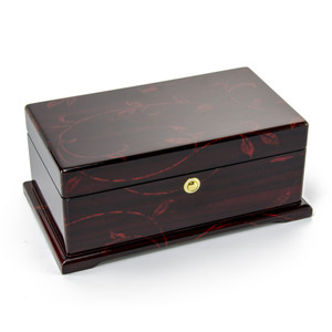 Contemporary 22 Note Dark Rosewood Musical Jewelry Box with Floral Motifs
