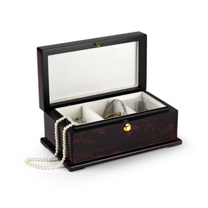 Contemporary 23 Note Dark Rosewood Musical Jewelry Box with Floral Motifs