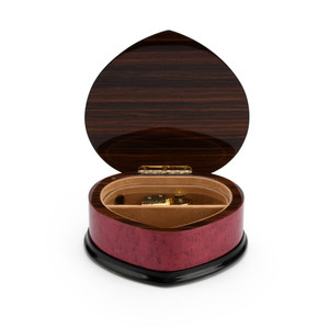 Elegant Cherry Red Heart Shaped Music Jewelry Box with Floral in Heart Frame Inlay Design