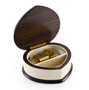 Ivory Stain Heart Shaped 30 Note Music Box with Floral Centered in Heart Outline Inlay