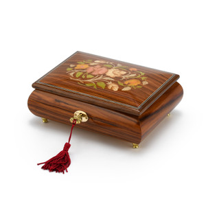 Gorgeous 30 Note Santos Mahogany Floral Inlay Musical Jewelry Box with Lock and Key