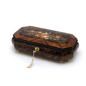 Exquisite 22 Note Grand Music and Floral Wood Inlay with Cut Corners Music Jewelry Box