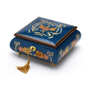 Handcrafted Radiant Blue 22 Note Roses and Ribbons Musical Jewelry Box with Lock and Key