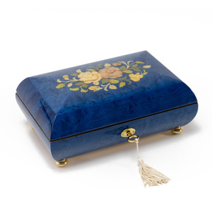 cobalt blue music box with yellow rose inlay