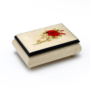 Handcrafted Ivory Stain 18 Note Musical Jewelry Box with Single Red Rose Inlay