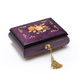 Gorgeous Handcrafted Purple 22 Note Music Jewelry Box with Traditional Floral Inlay
