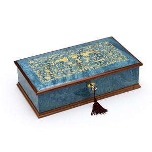 Gorgeous Italian Sea Blue 18 Note Grand Arabesque Wood Inlay Musical Jewelry Box