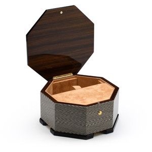 Handmade Italian Modern Design Wood Inlay Octagonal 30 Note Musical Jewelry Box
