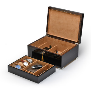 Luxurious Italian 36 Note Grandiose Ebony Music Mens Valet Box w Removable Tray and Phone Charging