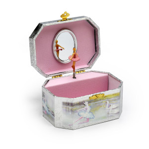 Silver Cut Corner Ballerina Theme Musical Spinning Ballerina Jewelry Box