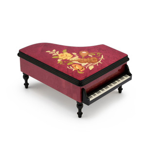 Brilliant 30 Note Red Wine Grand Piano with Violin and Floral Inlay Music Box