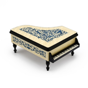 Ornate 36 Note White Grand Piano with Blue Arabesque Inlay Music Box