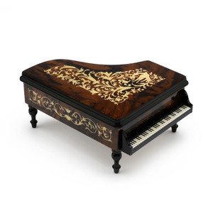 Ornate 18 Note Walnut Finish Grand Piano with Arabesque Inlay Music Box