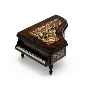 Ornate 18 Note Walnut Finish Grand Piano with Arabesque Inlay Music Box