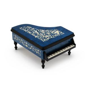 Incredible Full All Around Inlay 30 Note Royal Blue Grand Piano Arabesque Inlay Music Box