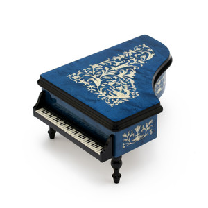 Incredible Full All Around Inlay 36 Note Royal Blue Grand Piano Arabesque Inlay Music Box