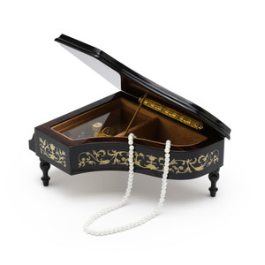 Ornate 36 Note Black Lacquer Finish Grand Piano with Arabesque Inlay Music Box
