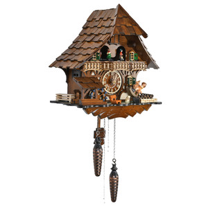 Stunning Wooden Black Forest Chalet Quartz Cuckoo Clock with Dancing Couple, Watermill Wheel and Rocking Horse