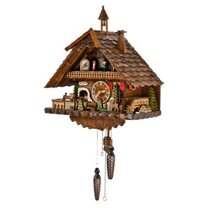 Masterpiece Black Forest Chalet with Bell Tower Quartz Cuckoo Clock with Dancing Couple and Train