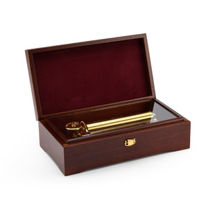 Contemporary 50 Note Sankyo Walnut Music Box with Gold Ornate Motif