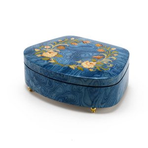 Sea Shell Shaped 18 Note Sea Blue Italian Music Box with Floral Motifs