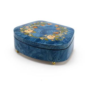 Sea Shell Shaped 22 Note Sea Blue Italian Music Box with Floral Motifs