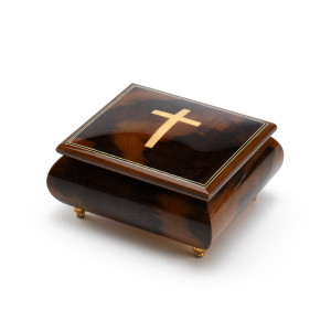 Gorgeous Handcrafted Natural Wood Tone 23 Note Musical Jewelry Box with Holy Cross Inlay